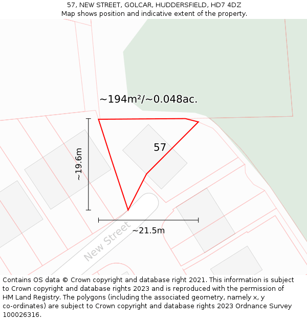 57, NEW STREET, GOLCAR, HUDDERSFIELD, HD7 4DZ: Plot and title map