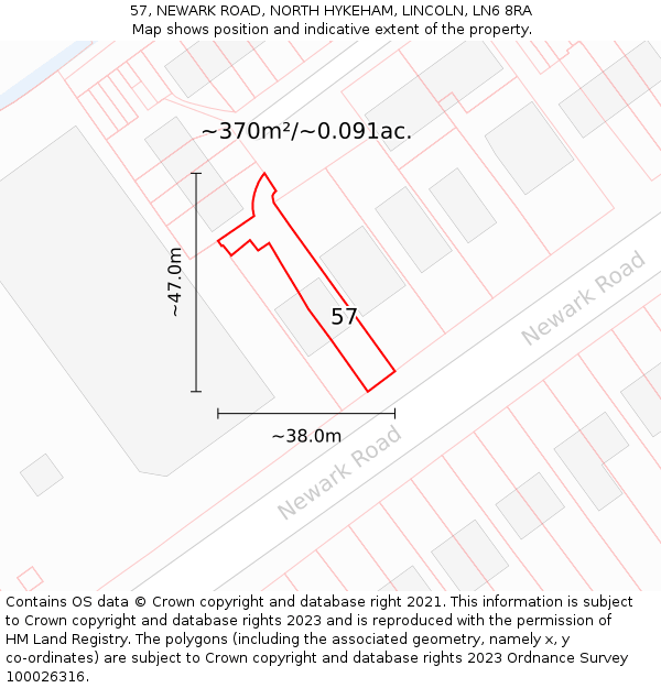 57, NEWARK ROAD, NORTH HYKEHAM, LINCOLN, LN6 8RA: Plot and title map