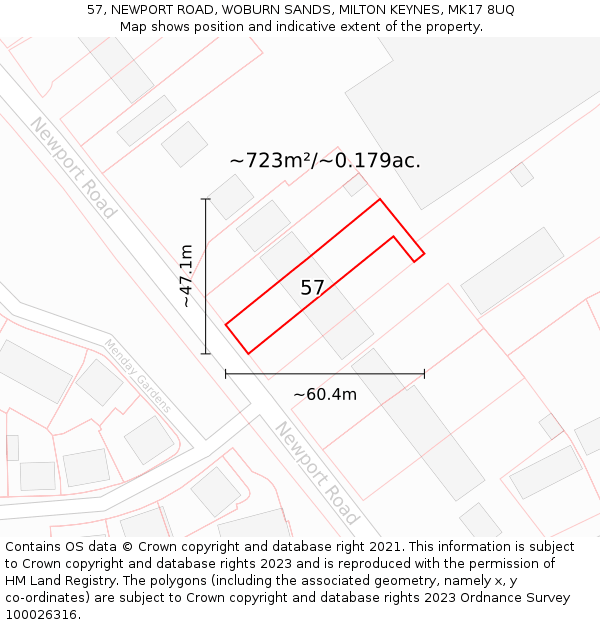 57, NEWPORT ROAD, WOBURN SANDS, MILTON KEYNES, MK17 8UQ: Plot and title map
