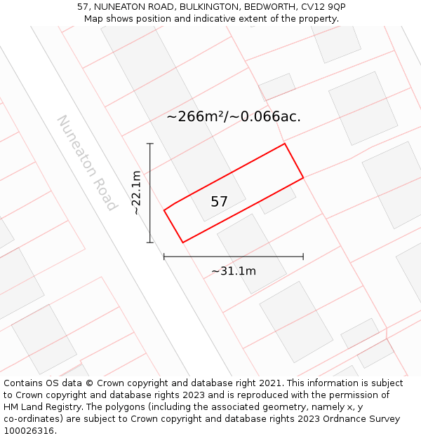 57, NUNEATON ROAD, BULKINGTON, BEDWORTH, CV12 9QP: Plot and title map