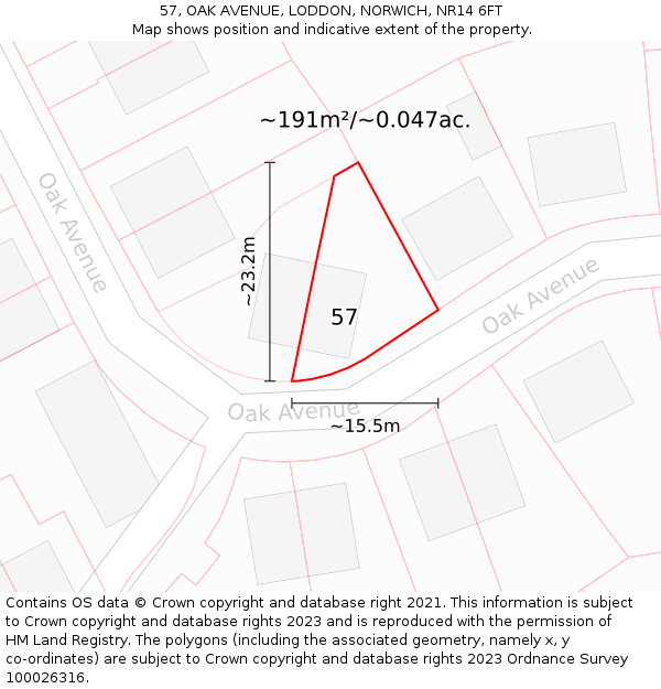 57, OAK AVENUE, LODDON, NORWICH, NR14 6FT: Plot and title map
