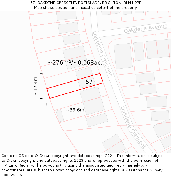 57, OAKDENE CRESCENT, PORTSLADE, BRIGHTON, BN41 2RP: Plot and title map