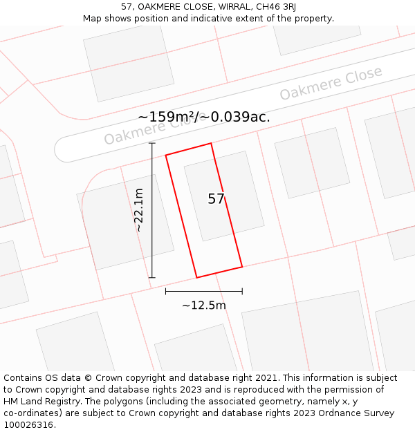 57, OAKMERE CLOSE, WIRRAL, CH46 3RJ: Plot and title map