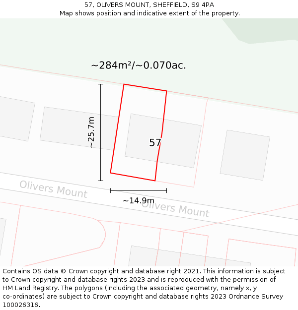 57, OLIVERS MOUNT, SHEFFIELD, S9 4PA: Plot and title map