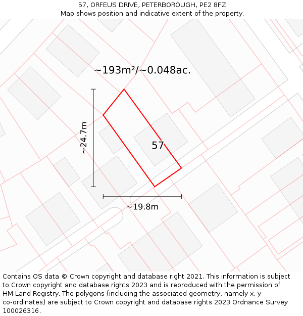57, ORFEUS DRIVE, PETERBOROUGH, PE2 8FZ: Plot and title map