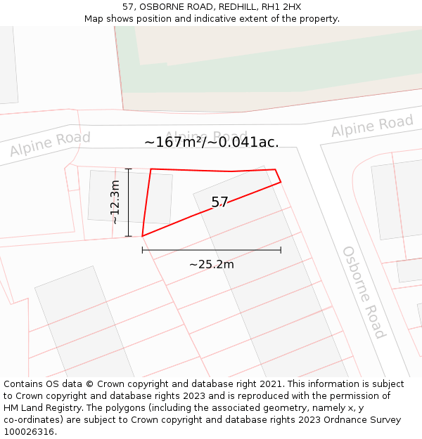 57, OSBORNE ROAD, REDHILL, RH1 2HX: Plot and title map