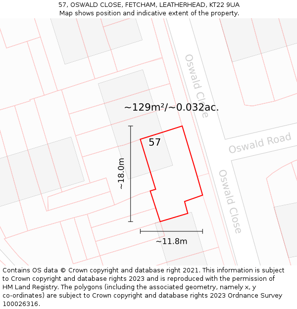 57, OSWALD CLOSE, FETCHAM, LEATHERHEAD, KT22 9UA: Plot and title map