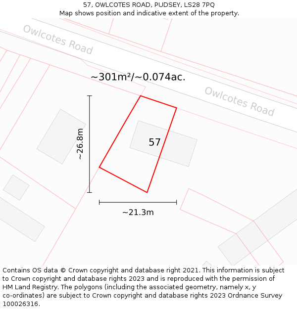 57, OWLCOTES ROAD, PUDSEY, LS28 7PQ: Plot and title map