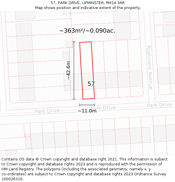 57, PARK DRIVE, UPMINSTER, RM14 3AR: Plot and title map