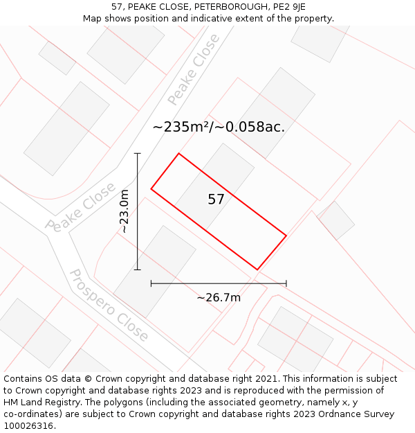 57, PEAKE CLOSE, PETERBOROUGH, PE2 9JE: Plot and title map