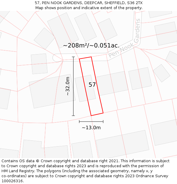 57, PEN NOOK GARDENS, DEEPCAR, SHEFFIELD, S36 2TX: Plot and title map