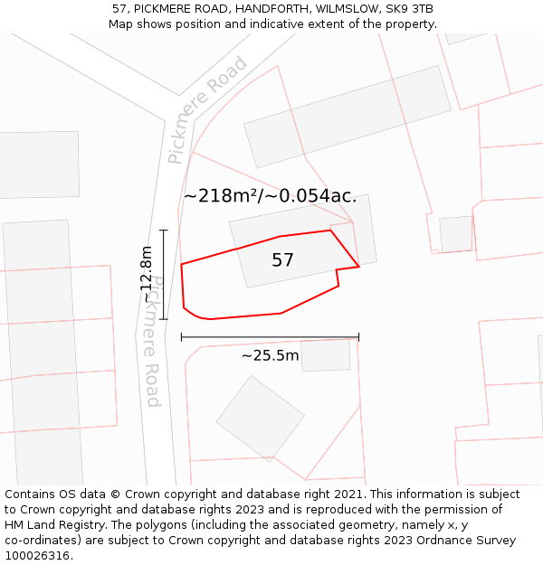 57, PICKMERE ROAD, HANDFORTH, WILMSLOW, SK9 3TB: Plot and title map