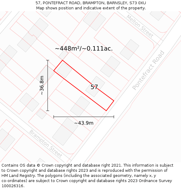 57, PONTEFRACT ROAD, BRAMPTON, BARNSLEY, S73 0XU: Plot and title map