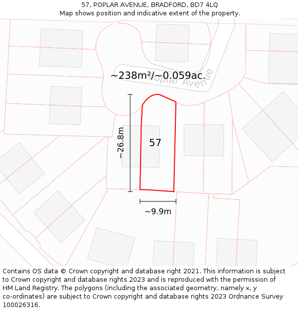 57, POPLAR AVENUE, BRADFORD, BD7 4LQ: Plot and title map