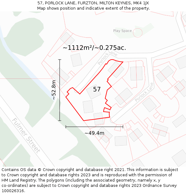 57, PORLOCK LANE, FURZTON, MILTON KEYNES, MK4 1JX: Plot and title map