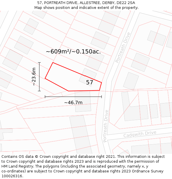 57, PORTREATH DRIVE, ALLESTREE, DERBY, DE22 2SA: Plot and title map