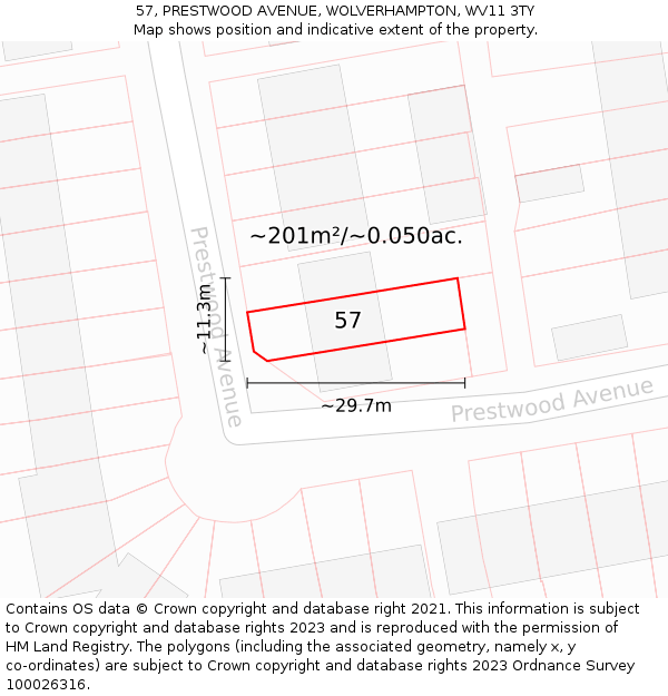 57, PRESTWOOD AVENUE, WOLVERHAMPTON, WV11 3TY: Plot and title map