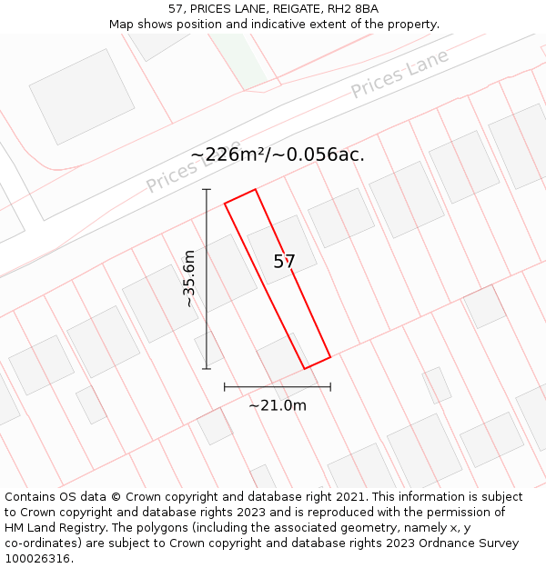57, PRICES LANE, REIGATE, RH2 8BA: Plot and title map