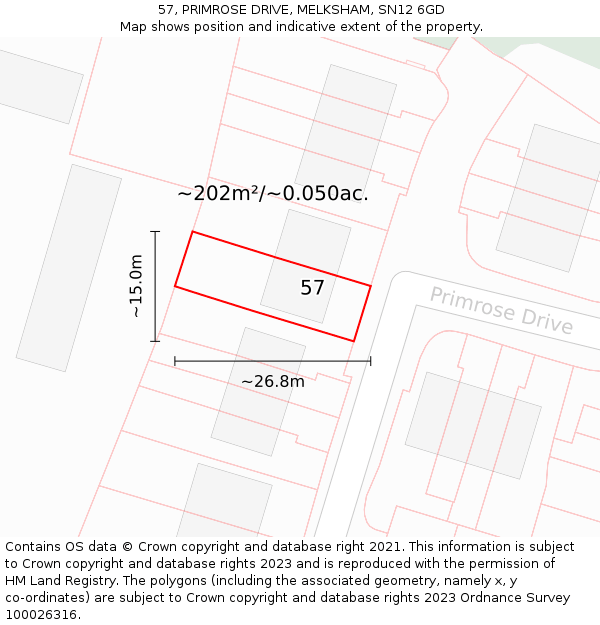 57, PRIMROSE DRIVE, MELKSHAM, SN12 6GD: Plot and title map
