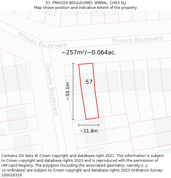57, PRINCES BOULEVARD, WIRRAL, CH63 5LJ: Plot and title map
