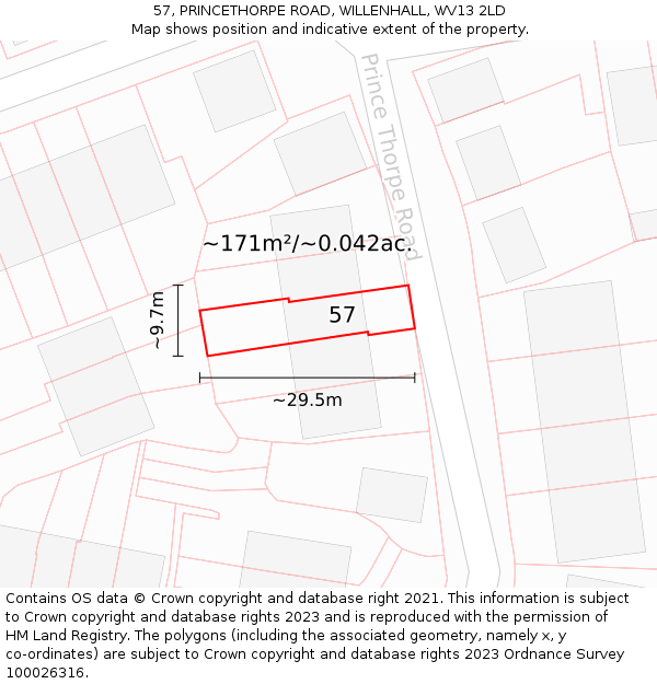57, PRINCETHORPE ROAD, WILLENHALL, WV13 2LD: Plot and title map