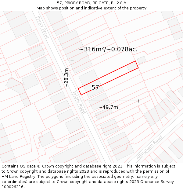 57, PRIORY ROAD, REIGATE, RH2 8JA: Plot and title map