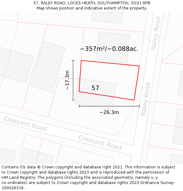 57, RALEY ROAD, LOCKS HEATH, SOUTHAMPTON, SO31 6PB: Plot and title map