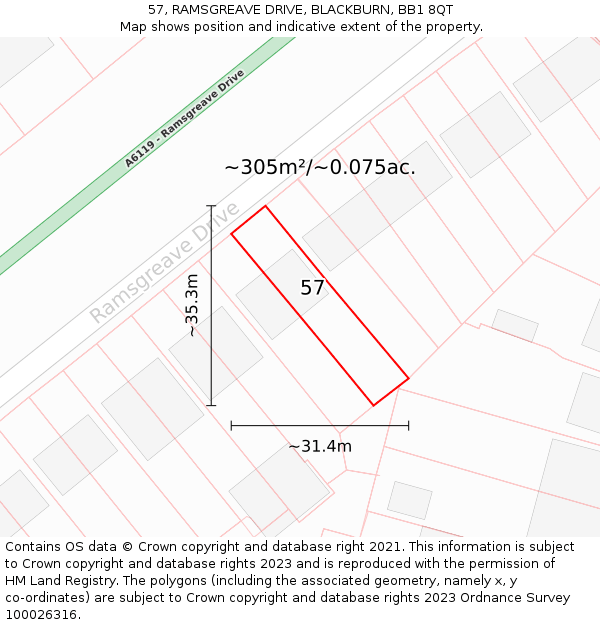 57, RAMSGREAVE DRIVE, BLACKBURN, BB1 8QT: Plot and title map