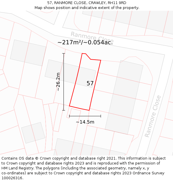 57, RANMORE CLOSE, CRAWLEY, RH11 9RD: Plot and title map