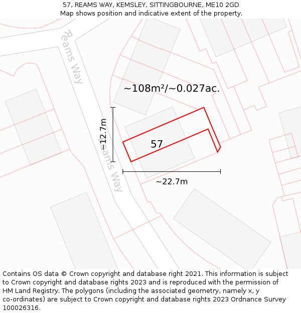 57, REAMS WAY, KEMSLEY, SITTINGBOURNE, ME10 2GD: Plot and title map