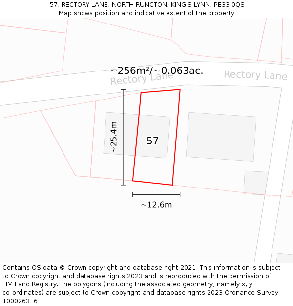 57, RECTORY LANE, NORTH RUNCTON, KING'S LYNN, PE33 0QS: Plot and title map