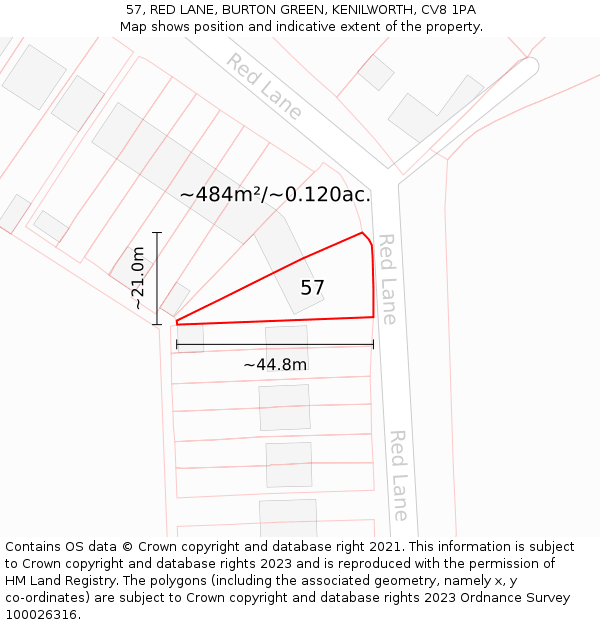57, RED LANE, BURTON GREEN, KENILWORTH, CV8 1PA: Plot and title map