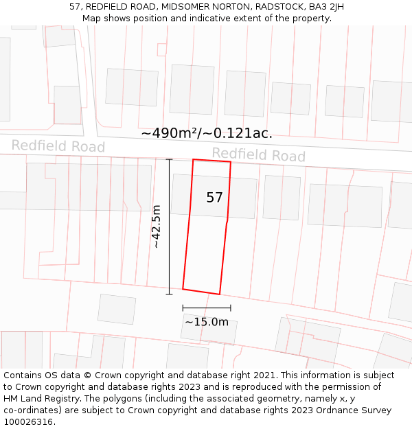 57, REDFIELD ROAD, MIDSOMER NORTON, RADSTOCK, BA3 2JH: Plot and title map