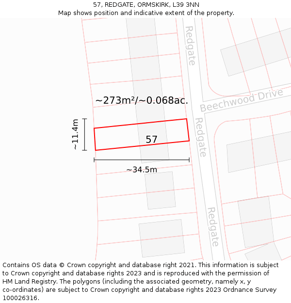 57, REDGATE, ORMSKIRK, L39 3NN: Plot and title map