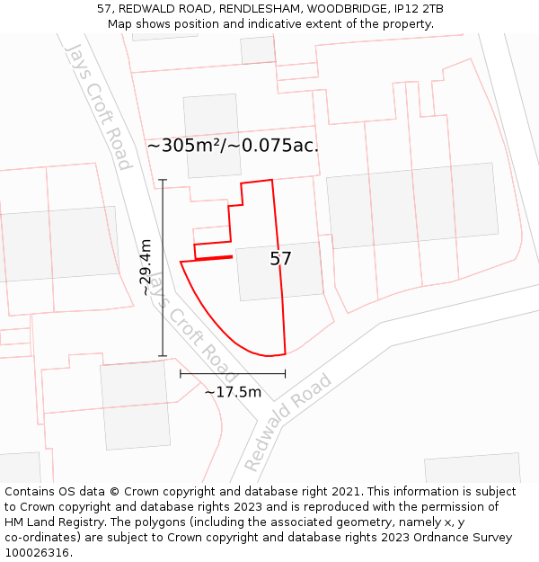 57, REDWALD ROAD, RENDLESHAM, WOODBRIDGE, IP12 2TB: Plot and title map