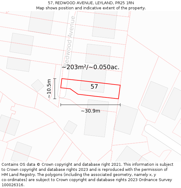 57, REDWOOD AVENUE, LEYLAND, PR25 1RN: Plot and title map