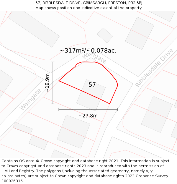 57, RIBBLESDALE DRIVE, GRIMSARGH, PRESTON, PR2 5RJ: Plot and title map