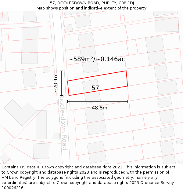 57, RIDDLESDOWN ROAD, PURLEY, CR8 1DJ: Plot and title map