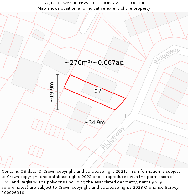 57, RIDGEWAY, KENSWORTH, DUNSTABLE, LU6 3RL: Plot and title map