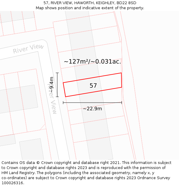57, RIVER VIEW, HAWORTH, KEIGHLEY, BD22 8SD: Plot and title map
