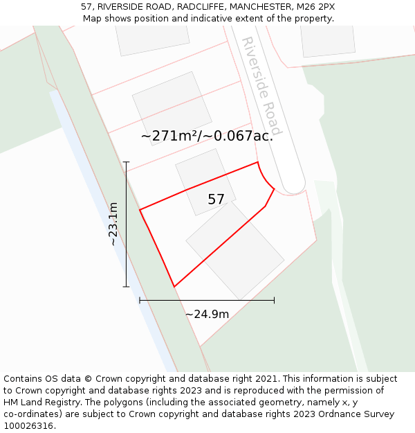 57, RIVERSIDE ROAD, RADCLIFFE, MANCHESTER, M26 2PX: Plot and title map