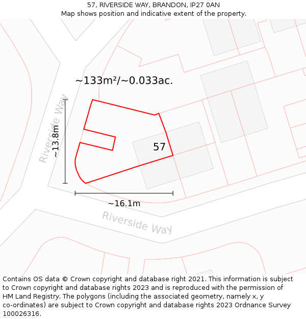 57, RIVERSIDE WAY, BRANDON, IP27 0AN: Plot and title map