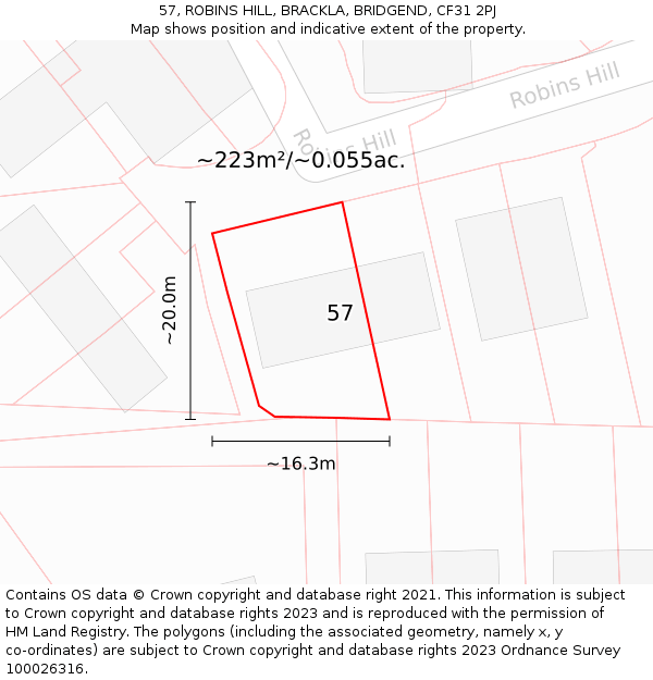 57, ROBINS HILL, BRACKLA, BRIDGEND, CF31 2PJ: Plot and title map