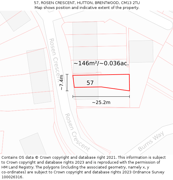 57, ROSEN CRESCENT, HUTTON, BRENTWOOD, CM13 2TU: Plot and title map