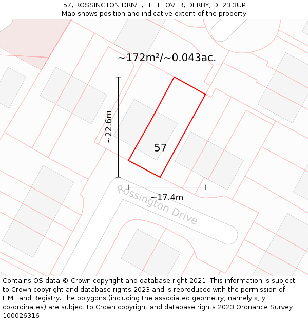 57, ROSSINGTON DRIVE, LITTLEOVER, DERBY, DE23 3UP: Plot and title map