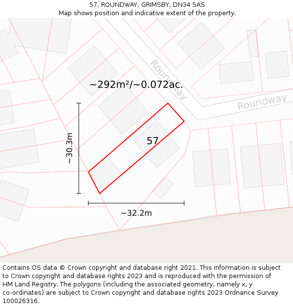 57, ROUNDWAY, GRIMSBY, DN34 5AS: Plot and title map