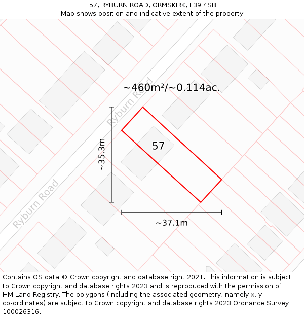 57, RYBURN ROAD, ORMSKIRK, L39 4SB: Plot and title map