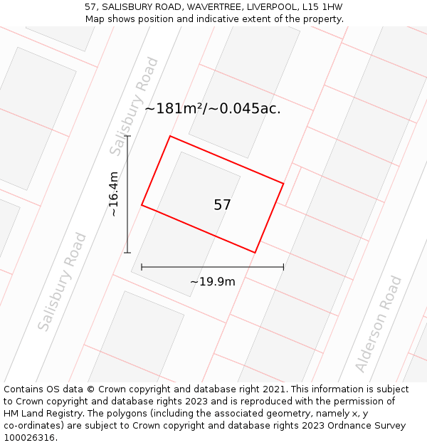57, SALISBURY ROAD, WAVERTREE, LIVERPOOL, L15 1HW: Plot and title map