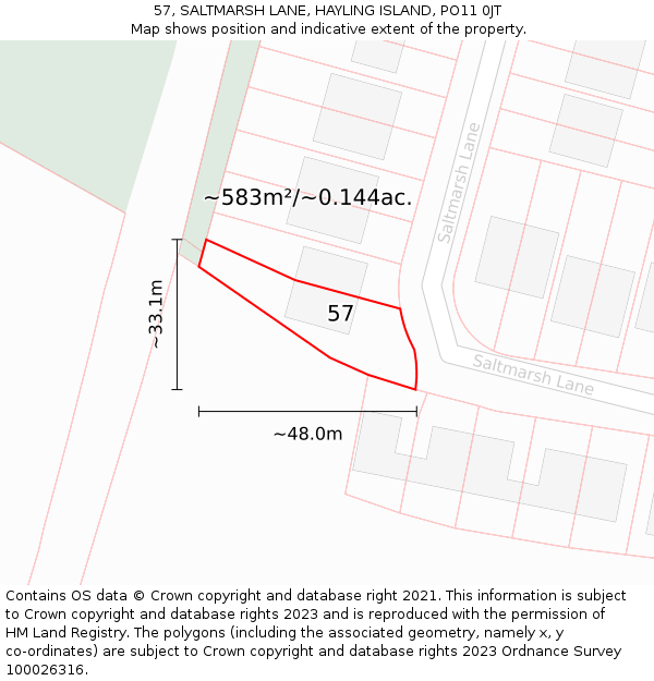 57, SALTMARSH LANE, HAYLING ISLAND, PO11 0JT: Plot and title map