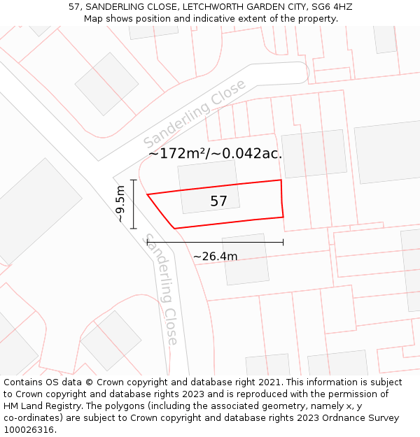 57, SANDERLING CLOSE, LETCHWORTH GARDEN CITY, SG6 4HZ: Plot and title map